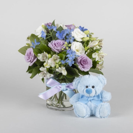 Blue and Purple Flowers with Blue Teddy Bear | Interflora | Online Florist and Flower Delivery Across Australia
