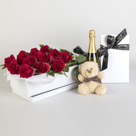 12 Red Roses in Presentation Box with Chocolates