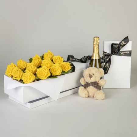 12 Yellow Roses in Presentation Box with Chocolates