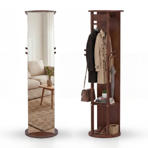CostwayFull Length Mirror Coat Rack Solid Wood Standing Mirror with Clothes Hangers-Natural