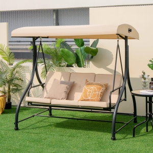 Costway3 Seat Outdoor Porch Swing 2-in-1 Swing Glider with Adjustable Canopy-Beige