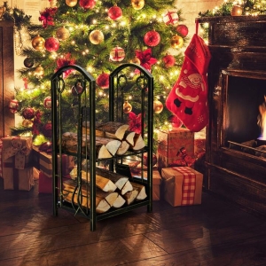 CostwayFirewood Rack with 4 Fireplace Tools for Indoor Outdoor or Backyard Garden Use-Bronze