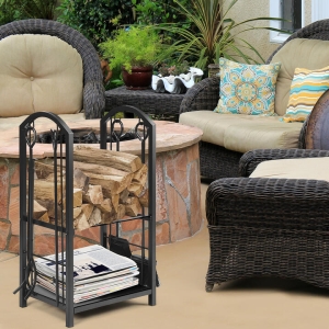 CostwayFirewood Rack with 4 Fireplace Tools for Indoor Outdoor or Backyard Garden Use-Black