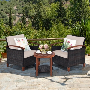 Costway3 Piece Patio Sofa Set 2 Rattan Chairs with 2-Tier Coffee Table-Brown