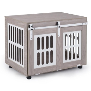 Costway80 cm Dog Crate Furniture Heavy Duty Indoor Wooden Dog Kennel-Grey