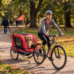 Costway2-in-1 Dog Bike Trailer with Universal Bicycle Coupler and Front Wheel Easy Folding-Red