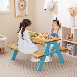 CostwayKids Wooden Picnic Table Set Outdoor Children Table with Bench Seats-Colourful