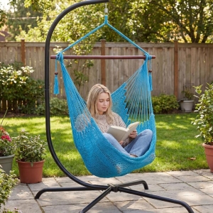 CostwayCaribbean Hammock Chair with Metal Spreader Bar-Blue