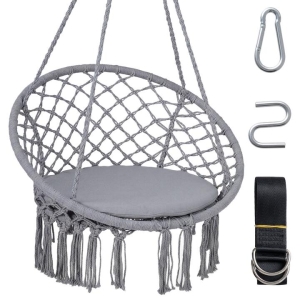 CostwayMacrame Swing Chair Hammock Chair with Round Seat Cushion-Grey