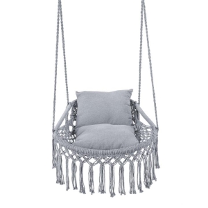 CostwayMacrame Swing Chair Hammock Chair with 2 Removable Cushions-Grey