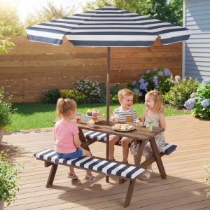 CostwayKids Picnic Table with Bench Fir Wood Toddler Outdoor Table set with 2 Built-in Benches-Blue