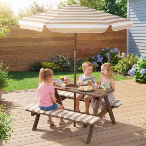 CostwayKids Picnic Table with Bench Fir Wood Toddler Outdoor Table set with 2 Built-in Benches-Coffee