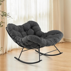 CostwayOversized Papasan Patio Rocking Chair with Padded Cushion and Metal Frame-Grey