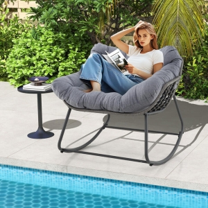 CostwayOutdoor Rocking Chair Oversized Patio PE Wicker Egg Chair with Thick and Removable Cushion-Grey