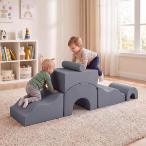 CostwayKids Crawl and Climb foam Play Set 6-Piece with Suede Fabric Covers-Grey
