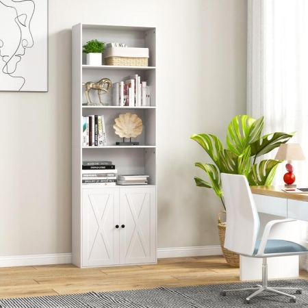 Costway180cm Farmhouse Bookcase with Doors & 6 Shelves & 2-Door Cabinet - Furniture > Home Office > Bookcases
