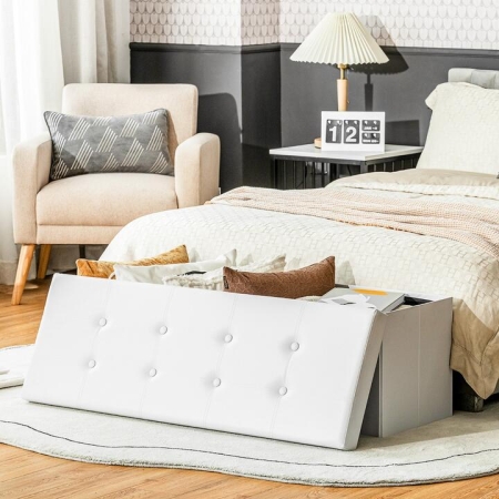 CostwayTufted Faux Leather Folding Storage Ottoman Bench-White - Furniture > Entryway > Shoe Racks & Storage Benches