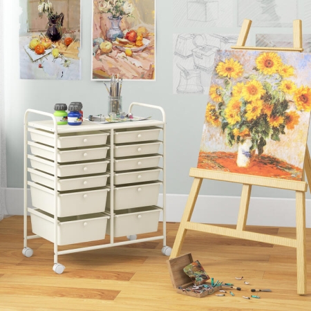 CostwayMovable 12-Drawer Storage Trolley with 2 lockable for Home Office-White - Furniture > Home Office > File Cabinets