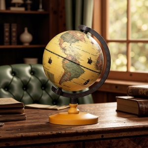 Costway14 cm World Globe with Metal Stand and Non-slip Wooden Base-Bronze