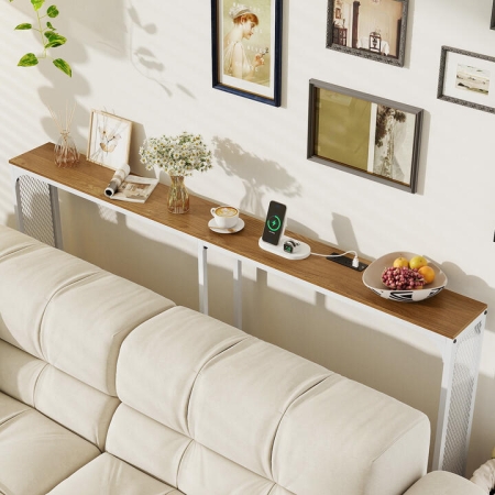 Costway180cm Extra Long Console Table with Power Outlet for Hallway-Natural - Furniture > Entryway > Console Tables