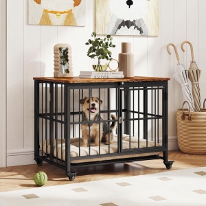 CostwayFoldable Dog Crate Furniture with Removable Tray and Lockable Door for Pets-Black