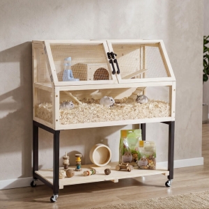 Costway2-Tier Wooden Hamster Cage with Acrylic Windows-Natural