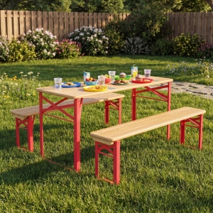 CostwayFolding Kids Picnic Table and Bench Set with 2 CM Thick Fir Wood Top for Boys and Girls-Red