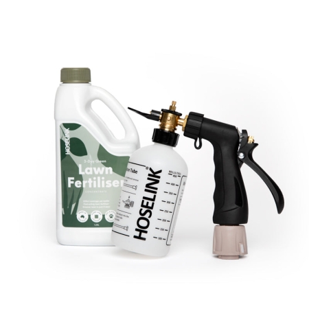 Apply Hoselink 3-Day Green lawn treatment through a compatible Fertiliser Spray Mixer with this convenient bundle. The mixer draws and dilutes the liquid product into the hose stream