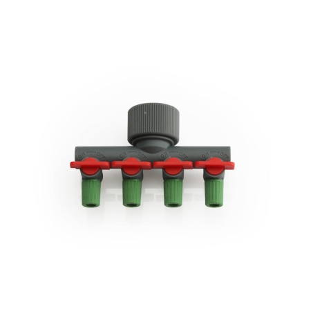 Expand a Hoselink Mini Sprinkler Kit with this 4 Way Outlet with Flow Control. Component 5650-1 provides four outlets for connecting polypipe branches