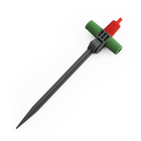 Add targeted low-level watering to a Hoselink Mini Sprinkler Kit with the Angled Drip Nozzle. This individual irrigation component directs water at an angle towards the base of plants