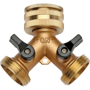 Operate two hoses or watering devices from one outdoor tap with the Hoselink 2-Way Brass Tap Adapter. The durable brass body divides the water supply into two independently controlled outlets