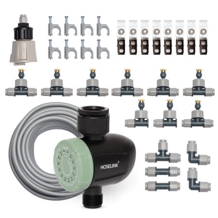 Create an automated outdoor cooling setup with the Hoselink Total Misting Package. The bundle combines a complete misting kit with a compatible timer