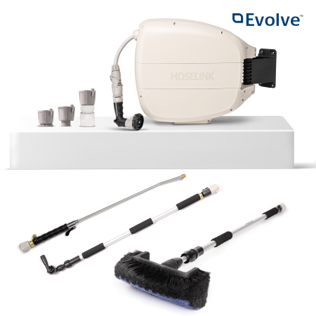 Combine organised hose storage with practical outdoor cleaning equipment in the Hoselink Handy Cleaning and Hose Reel Pack. The package pairs a retractable reel with selected cleaning accessories for washing vehicles