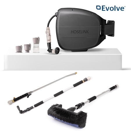 Combine organised hose storage with practical outdoor cleaning equipment in the Hoselink Handy Cleaning and Hose Reel Pack. The package pairs a retractable reel with selected cleaning accessories for washing vehicles
