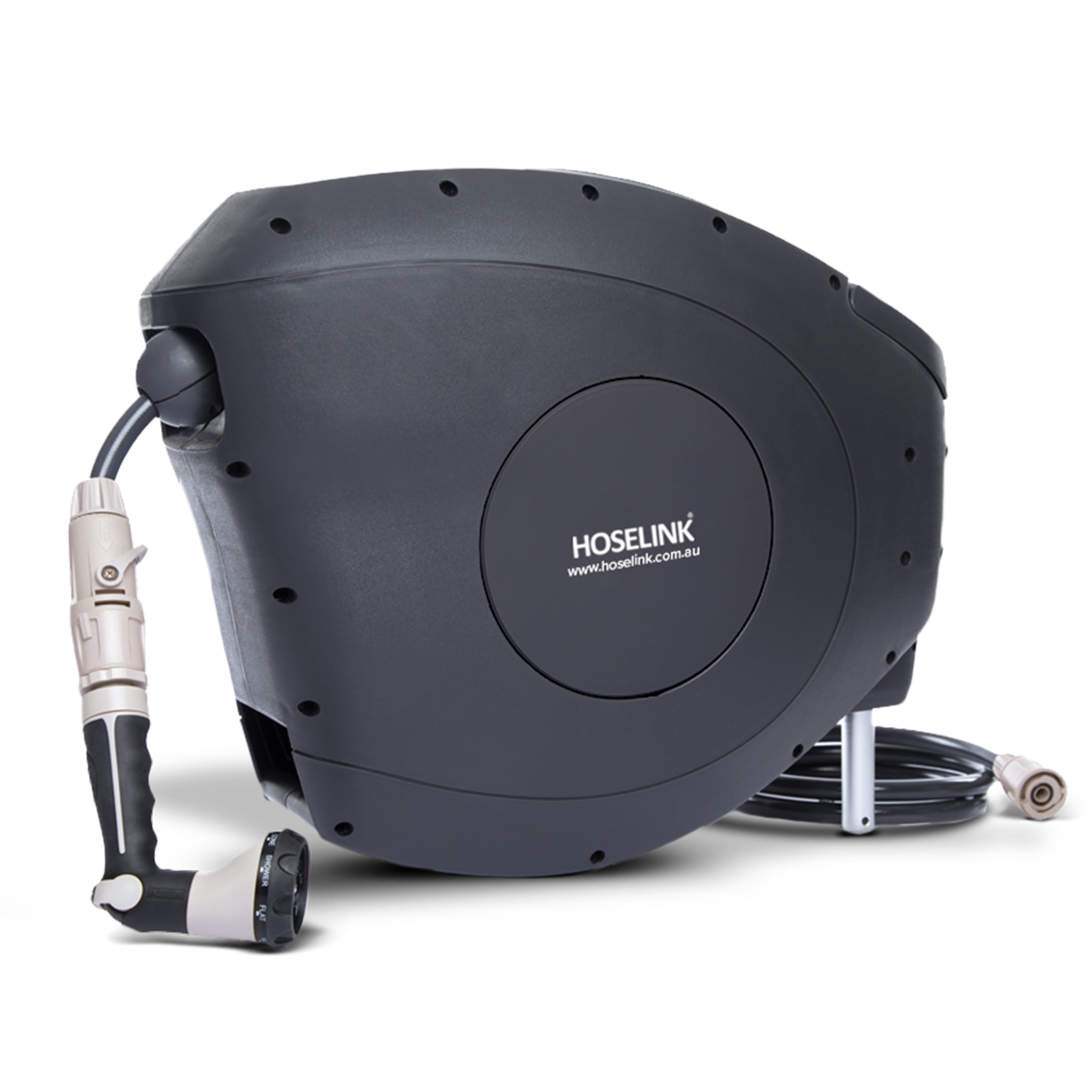 Keep a small-to-medium garden organised with the Hoselink Classic 20m Retractable Hose Reel in charcoal. The compact wall-mounted reel swivels as you move