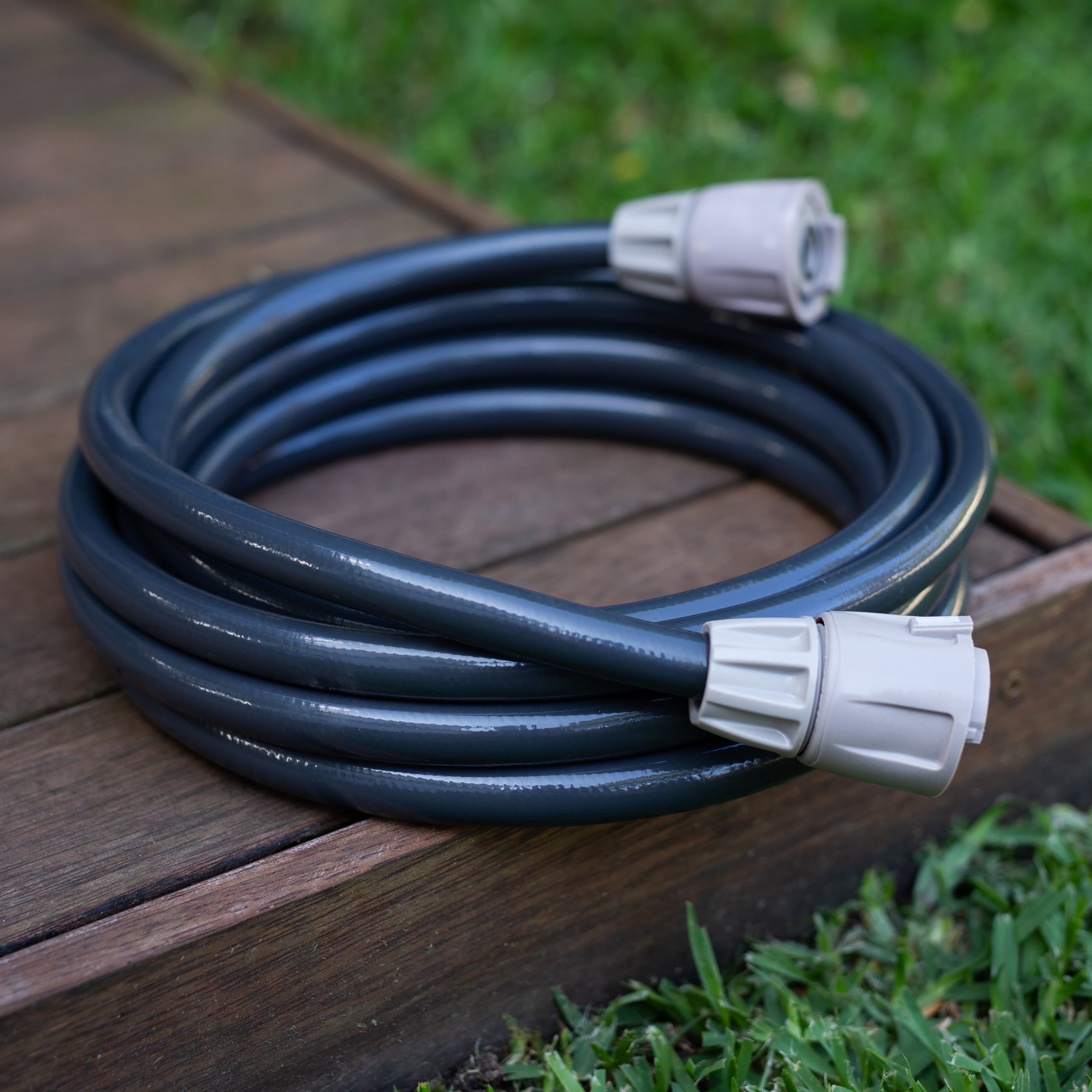 Extend the reach between a tap and Hoselink hose reel or watering setup with the charcoal Leader Hose Extension. The short fitted hose provides additional connection length where the existing leader hose does not comfortably reach the tap