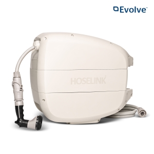 Keep garden watering organised with the Hoselink Evolve Retractable Hose Reel in beige. The wall-mounted reel stores the hose inside a streamlined casing