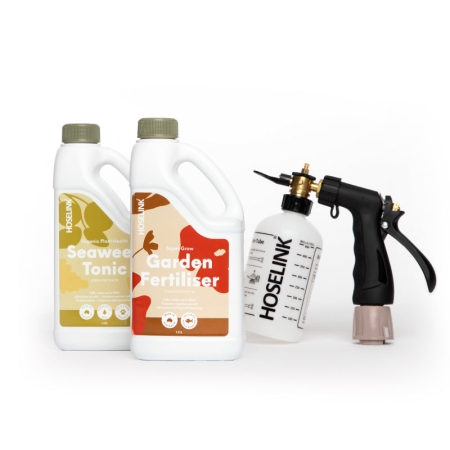 Make hose-applied garden feeding easier with the Hoselink Fertiliser Starter Pack. The bundle combines a compatible fertiliser spray mixer with selected liquid garden treatment so nutrients can be diluted and applied while watering. It is suited to gardeners starting a regular lawn or plant-feeding routine without measuring every watering can. Follow the included product directions