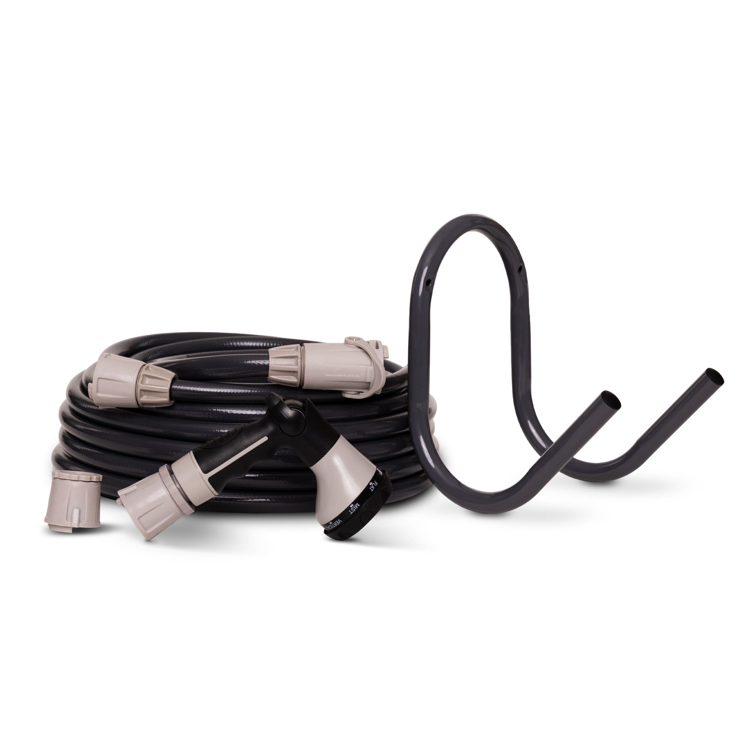 Create a simple portable watering setup with the Hoselink Hose and Hanger Pack in charcoal. The flexible garden hose provides everyday reach