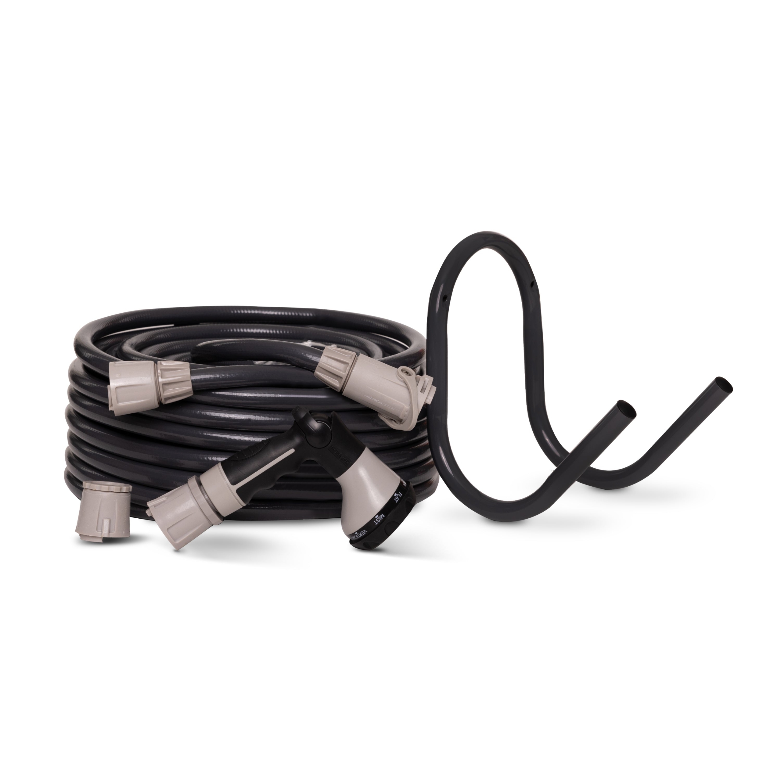 Create a simple portable watering setup with the Hoselink Hose and Hanger Pack in charcoal. The flexible garden hose provides everyday reach