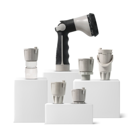 Convert a standard garden hose to Hoselink’s secure watering system with the Beginners Basic Pack in warm grey. The bundle includes the essential tap