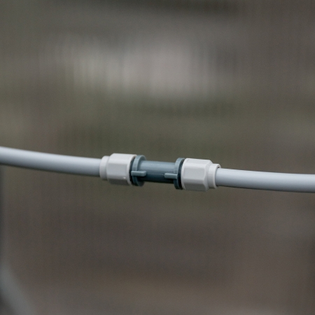 Join two straight lengths of Hoselink misting tube with the Misting System I Joint. The inline connector is useful for repairing a cut line