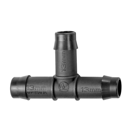 Branch a 13mm irrigation main line in two directions with the Hoselink 13mm Tee. The barbed T-shaped fitting joins three lengths of compatible poly pipe and is useful for dividing a system across separate garden beds or rows. Secure each connection with the specified ratchet clamps and avoid sharp pipe bends near the joint. This listing is for an individual tee and does not include pipe or clamps.