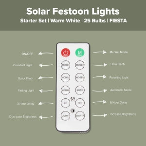 Replace a lost or damaged remote control for compatible Hoselink solar festoon-light systems L460R and L462. The remote provides access to the light modes