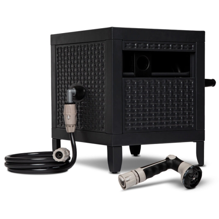 Store and wind your existing garden hose neatly with the Hoselink Metal Hose Reel Box. The powder-coated zinc-plated steel enclosure keeps up to 40 metres of 12mm hose contained in a compact charcoal cabinet
