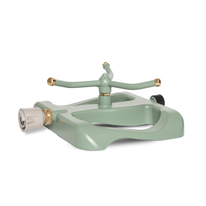 Water lawns and garden areas with the Hoselink Rotating 3-Arm Sprinkler and Metal Base. Water pressure drives the three arms to rotate and distribute spray around the sprinkler