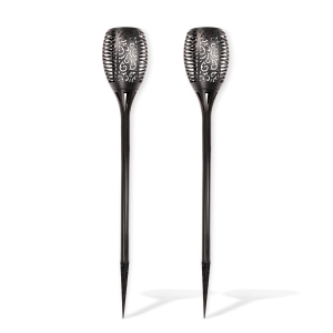 Add a flickering flame-style effect to paths and outdoor entertaining areas with the FLAME Tiki Solar Lights. This two-pack uses LEDs to imitate a moving torch flame without an open fire