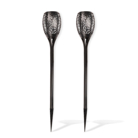 Add a flickering flame-style effect to paths and outdoor entertaining areas with the FLAME Tiki Solar Lights. This two-pack uses LEDs to imitate a moving torch flame without an open fire