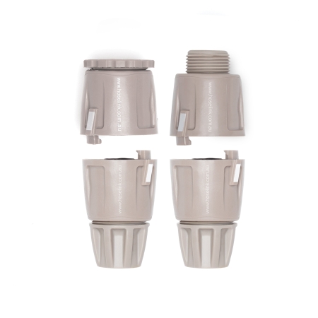Convert a standard 12mm garden hose to Hoselink’s no-burst connection system with the Basic Starter Set. The kit provides the essential tap-end and hose-end fittings needed to replace unreliable click-on connectors with Hoselink’s secure point-and-twist design. Once installed