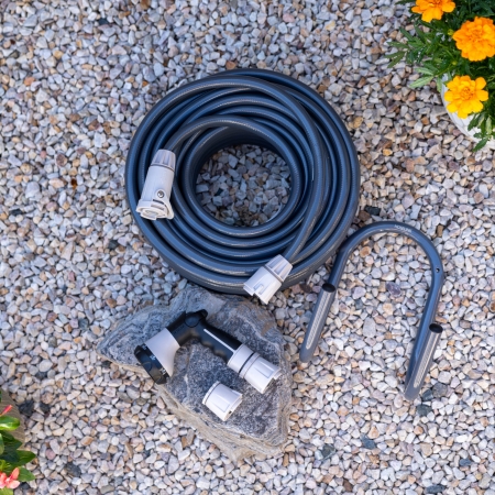 Create a simple portable watering setup with the Hoselink Hose and Hanger Pack in charcoal. The flexible garden hose provides everyday reach